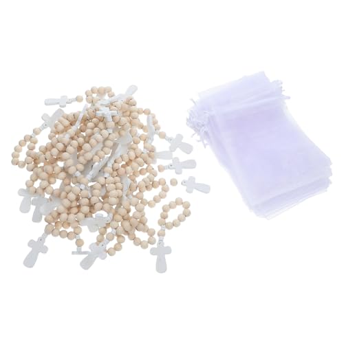 VILLFUL 40 Sätze Holzrosenkranz Armbänder mit Kreuz Anhängern für Babypartys und Taufen Eleganter Netzbeutel für und Feierlichkeiten von VILLFUL