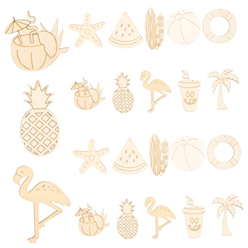 VILLFUL 40 Stück Hawaiianische DIY Bastelarbeiten, DIY Holzverzierungen, Tropische Ausschnitte, Unbemalt, DIY Holzspäne, Holzanhänger, Sommerausschnitte, Anhängerausschnitte, Malerei, von VILLFUL