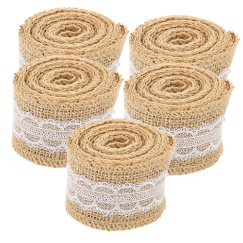 VILLFUL 5 Rollen Spitzenband Leinen Jute Sackleinen Stoffband DIY Band Bänder Zum Basteln DIY Geschenkband Juteband Mit Spitze Dekoratives Geschenkband Naturspitze Bastelband von VILLFUL