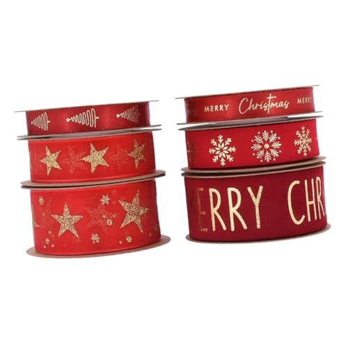 VILLFUL 6 Rollen Rotes Weihnachtsband mit Goldfolienprägung Breites Glitzer Sheerribbon mit Schneepulver Vielseitiges Dekoband für Geschenkverpackung DIY Weihnachtsdeko Festliche Schleifen von VILLFUL