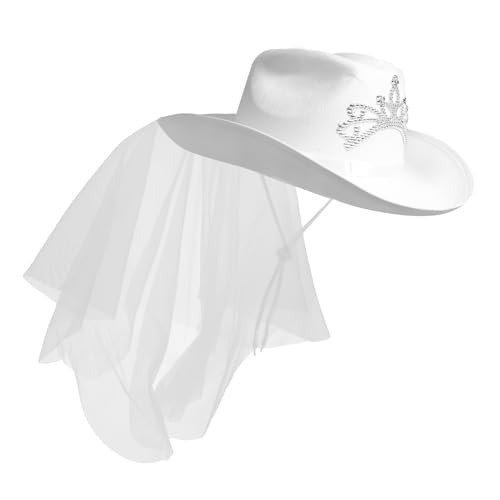 VILLFUL Brautkrone Cowboyhut Mit Schleier Hochzeitsschleier Weißer Hut Mit Schleier Brauthut Brauthut Braut Cowgirlhut Mit Schleier Hochzeitshut Schleier Für Hochzeit Brautschleier von VILLFUL