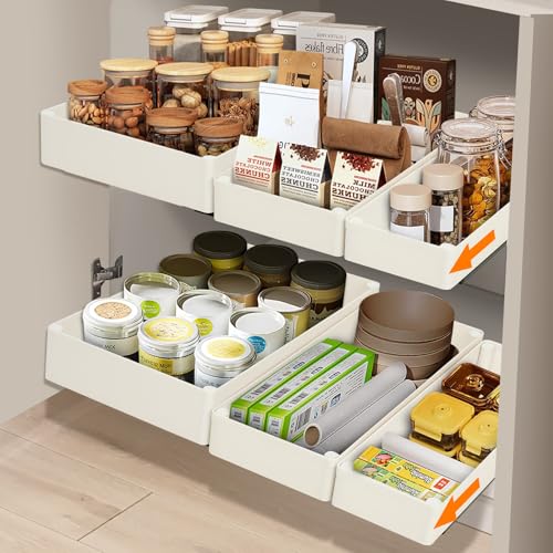 VINATO Teleskopschublade 3er Set - Ausziehbarer Schrankorganizer mit 3 Größen (L/M/S), Carbon-Schienen & ABS-Material, Schubladenauszug für Küchenschrank Nachrüstung von VINATO