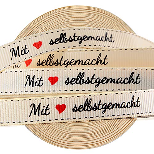 VINFUTUR 1 Rolle 45m×1cm Geschenkband Mit Liebe Selbstgemacht Dekoband Vintage Stoffbandrolle für Hochzeit Geburtstag Party Geschenkverpackung DIY Handwerk Basteln Bänder Nähen Handmade Label von VINFUTUR