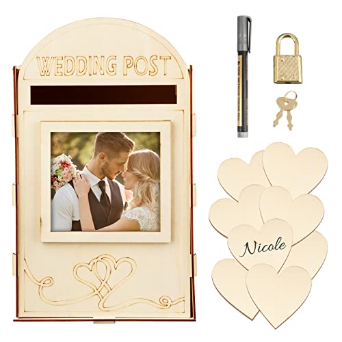 VINFUTUR Hochzeit Kartenbox Holz Hochzeitsbox Geschenkkarten Box Post Box Briefbox Geldbox + 20pcs Herz Holzdeko Streudeko + Schloss + Stift für Hochzeit Geburtstag Baby Shower Jubiläum Partydeko von VINFUTUR