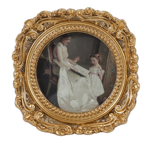 VINLIFE Vintage-Bilderrahmen, 7,6 x 7,6 cm, rund, goldfarben – Antik-kunstvoller kleiner Bilderrahmen mit Haken und Staffelei, Ständer, Brieftaschengröße, viktorianisches Dekor für Galeriewand und von VINLIFE
