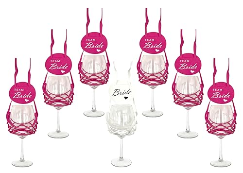 VINSTRIP® JGA Set - 6+1 Weinglashalter PINK zum Umhängen mit Schutzdeckel "Team Bride" für Junggesellinnenabschiede (Pink) von VINSTRIP