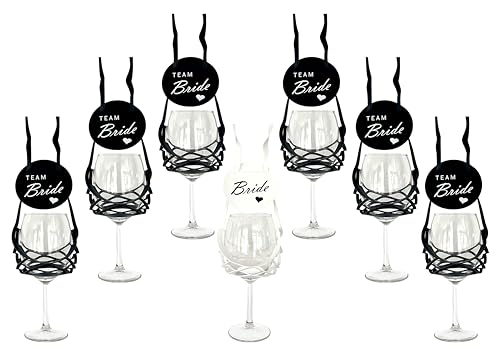VINSTRIP® JGA Set - 6+1 Weinglashalter SCHWARZ zum Umhängen mit Schutzdeckel "Team Bride" für Junggesellinnenabschiede (Schwarz) von VINSTRIP