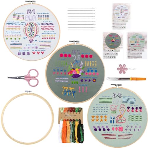 Anfänger Stickerei-Kit,3 Sets Stickerei-Kit für Erwachsene, lernen 33 verschiedene Stiche für Handwerk Liebhaber beinhaltet gestempelte Blumenmuster, Bambus Reifen, Farbfäden, Werkzeuge, Anleitung von VINTAGE EMBROIDERY V.E.