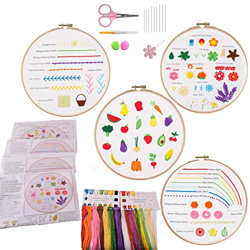 Stickerei Anfänger Stich Übungssatz, 4 Stickerei Starter Kits, lernen Sie 30 verschiedene Stichtechniken für Handwerksbegeisterte, um Stoff von Hand zu nähen und Stickerei Fähigkeiten zu lernen von VINTAGE EMBROIDERY V.E.