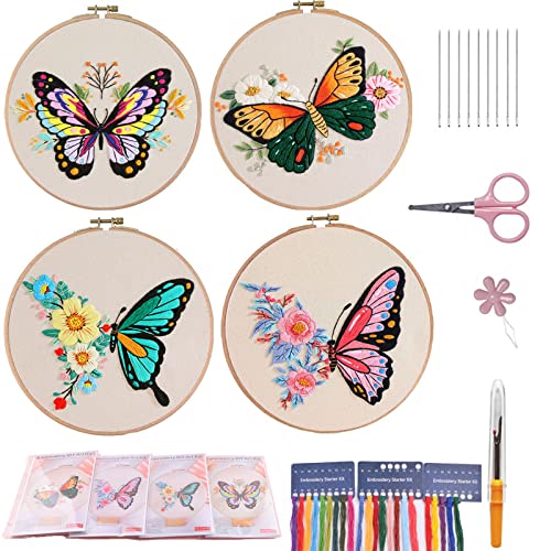 Stickerei Kit für Anfänger, 4 Sets Schmetterling Stickerei Starter Kits mit Mustern und Anleitungen Kreuzstich Kits, Stickerei Kleidung mit Muster, Bambus Reifen, Fäden und Nadeln von VINTAGE EMBROIDERY V.E.