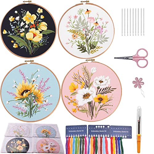 Stickerei-Kit für Anfänger Erwachsene, 4-Sätze Blume gestempelt vorgedruckte Kreuzstich-Kits, volle Palette von Stickerei Starter Kit mit Anleitung, Bambus Stickerei Reifen, Farbfäden und Werkzeuge von VINTAGE EMBROIDERY V.E.