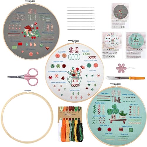 Stickset für Anfänger, 3 Sets für Erwachsene, lernen Sie 29 verschiedene Stiche für Bastelliebhaber, inklusive geprägtem Blumenmuster, Bambusrahmen, Farbfäden, Werkzeuge, Schere, Anleitung (evtl. von VINTAGE EMBROIDERY V.E.