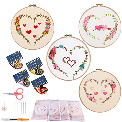 Stickset für Anfänger, 4 Sets Stickerei-Starter-Sets für Liebhaber mit Herzmustern, Kreuzstich-Sets, Bambus-Stickrahmen, Farbfäden und Werkzeuganleitung für Heimdekoration von VINTAGE EMBROIDERY V.E.