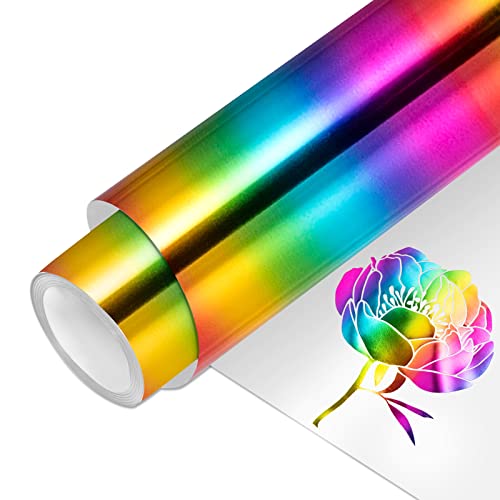 VINYL FROG HTV-Vinyl-Rolle, Metallfolie, 30,5 x 1,5 m, Regenbogen-Wärmetransfer-Vinyl, holografisches Chrom, zum Aufbügeln, leicht zu schneiden und zu jäten, DIY-Heißpress-Design für T-Shirts von VINYL FROG