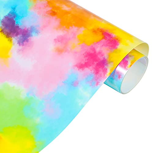 VINYL FROG Rainbow HTV Vinyl Tie-Dye Wärmetransfer-Vinyl, 25,4 cm x 1,5 m, Vinyl-Rolle für selbstgemachte T-Shirts, Stoff und Kleidungsstücke, blau-gelbes Aquarell-Wolken, gemustertes Vinyl von VINYL FROG