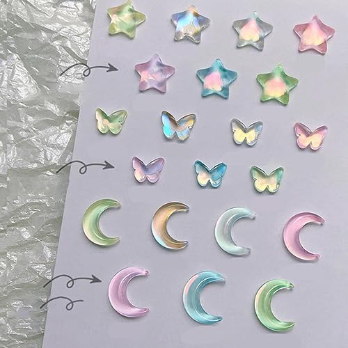 20 Stück 2023 Neue Schmetterlinge Stern Naill Strasssteine 3D Aurora Eis Transparent Mond Herz Press on Nails DIY Kawaii Nagelteile-20 Stück Mix von VIOLK