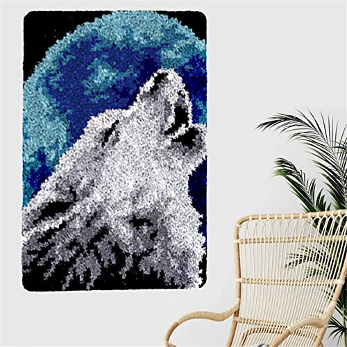 VIONNPPT DIY Home Dekoration 3D Wandteppiche Zum Selber Knüpfen, Garn Stickkissen Teppich, Knüpfteppich Kits für Kinder Erwachsene Geschenk, 50cmx38cm (Wolf Mond) von VIONNPPT