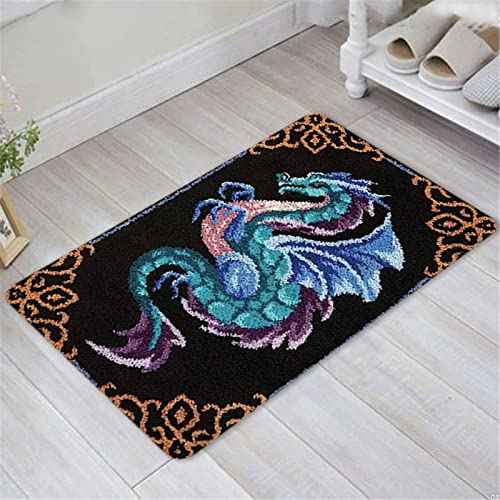 VIONNPPT Drache Serie Knüpfteppich Set Teppiche Knüpfen Kreuzstich Set für Kinder und Erwachsene, DIY Handgefertigt Knüpfset Latch Hook Rug Making Kit (Blau,50cmx38cm) von VIONNPPT