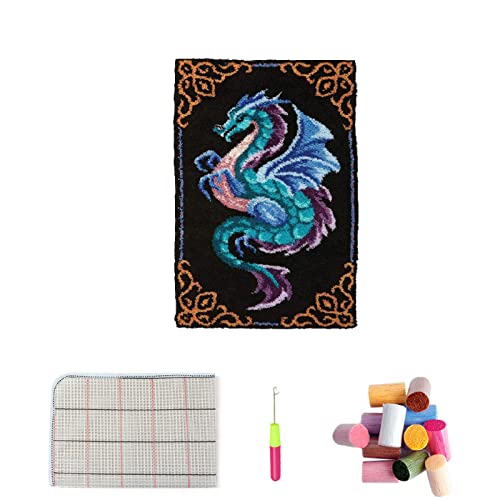 VIONNPPT Drache Serie Knüpfteppich Set Teppiche Knüpfen Kreuzstich Set für Kinder und Erwachsene, DIY Handgefertigt Knüpfset Latch Hook Rug Making Kit (Blau,60cmx40cm) von VIONNPPT