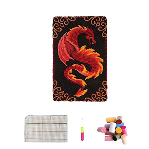 VIONNPPT Drache Serie Knüpfteppich Set Teppiche Knüpfen Kreuzstich Set für Kinder und Erwachsene, DIY Handgefertigt Knüpfset Latch Hook Rug Making Kit (Rot,60cmx40cm) von VIONNPPT