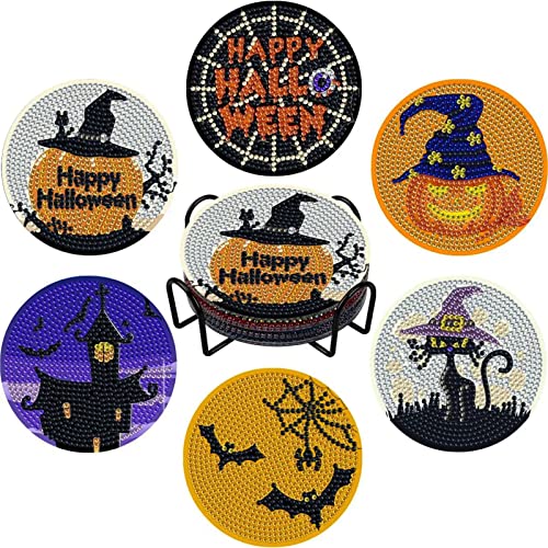 VIONNPPT Halloween 6er Set Diamond Painting Untersetzer Kit mit Halter, Erwachsene Kinder, DIY Kork Untersetzer Diamond Art Kit, Home Decor Coaster, Multicolor von VIONNPPT