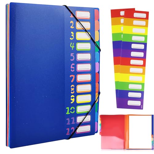 VIQWYIC Dokumentenmappe A4 mit 12 Fächern – Wasserdichter PP-Kunststoff-Ordner mit Gummizug & farbigen Etiketten – Tragbar Organizer für Schule/Büro (Blau) von VIQWYIC