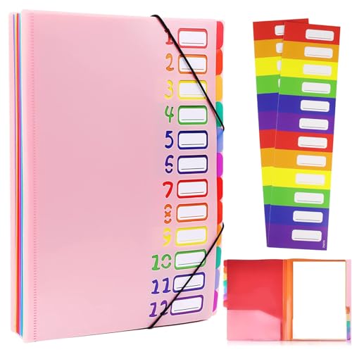 VIQWYIC Dokumentenmappe A4 mit 12 Fächern – Wasserdichter PP-Kunststoff-Ordner mit Gummizug & farbigen Etiketten – Tragbar Organizer für Schule/Büro (Rosa) von VIQWYIC