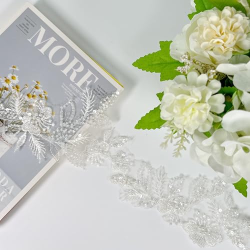 Bestickter Spitzenbesatz mit Pailletten und Perlen, florales Spitzenapplikationsband für Hochzeitskleider, Kleider, Kopfbedeckungen, DIY Nähen Handwerk (Muster D) von VIRFONOR