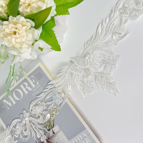 Bestickter Spitzenbesatz mit Pailletten und Perlen, florales Spitzenapplikationsband für Hochzeitskleider, Kleider, Kopfschmuck, DIY Nähen, Basteln (Muster A) von VIRFONOR