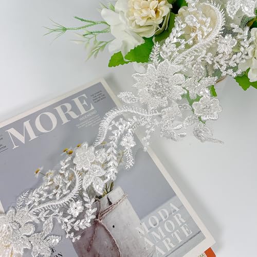 Bestickter Spitzenbesatz mit Pailletten und Perlen, florales Spitzenapplikationsband für Hochzeitskleider, Kleider, Kopfschmuck, DIY Nähen, Basteln (Muster F) von VIRFONOR