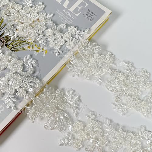 Spitzenborte mit Pailletten und Perlen, bestickter Spitzenbesatz für Hochzeitskleider, Kleider, Kopfschmuck, DIY, Nähen, Basteln (Muster B) von VIRFONOR