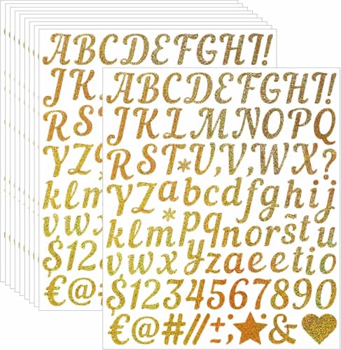 10 Blätter Buchstaben Zahlen Aufkleber, Selbstklebend Groß und Klein Buchstaben Aufkleber Klebebuchstaben Wetterfeste Vinyl Sticker für Grußkarten Briefkasten Schilder DIY Scrapbooking (Gold) von VISLANTE