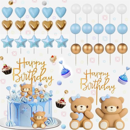 VISTYL 34 Stücke Tortendeko Kugeln Cake Topper, Tortendeko Geburtstag Teddybär, Tortendeko Mädchen, für Hochzeit, Baby Shower und Geburtstag Party（Blau+Gold) von VISTYL