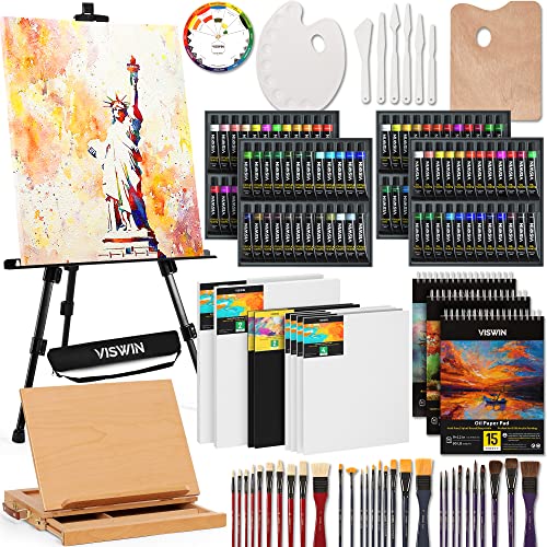 VISWIN Alles in einem Super-Deluxe-Malset mit Tischplatte und Feldstaffelei, 96 Öl-, Aquarell- und Acrylfarben-Set, Leinwand, Pinsel, Palette, professionelles Malset für Erwachsene, Künstler, Anfänger von VISWIN