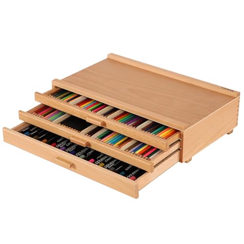 VISWIN 3-Schublade Holz Artist Supply Storage Box mit abnehmbaren Trennwänden, Premium Buche Holz Art Storage Box, Portable Organizer Box für Farben, Marker, Stifte, Pinsel und Kunstzubehör von VISWIN