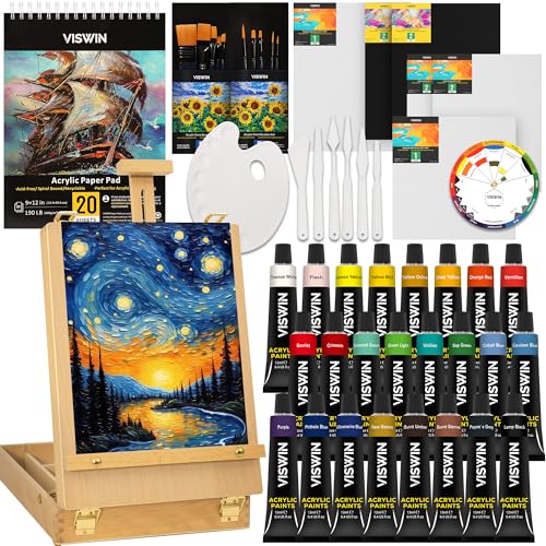 VISWIN 62-teiliges Acrylfarben-Set mit Tischstaffelei, Malzubehör mit 24 Acrylfarben, Gespannter Leinwand, Tafeln, Pinseln, Palette, Malset für Erwachsene, Anfänger, Künstler VISWIN 62-teiliges Acrylfarben-Set mit Tischstaffelei, Malzubehör mit 24 Acrylfarben, Gespannter Leinwand, Tafeln, Pinseln, Palette, Malset für Erwachsene, Anfänger, Künstler von VISWIN
