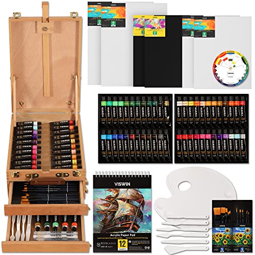 VISWIN 74-teiliges Premium-Acrylmalset, Malset mit Tischskizzenbox, 48 Farben Acrylfarben, Leinwandplatten, Nylonpinseln und Einigem Anderen Zubehör, für Erwachsene, Anfänger, Künstler von VISWIN