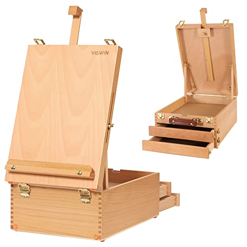 VISWIN Große Tisch-Staffelbox mit 3 Schubladen, Hält Leinwände bis zu 63 cm, tragbare Staffeleibox aus Buchenholz für Leinwand, Zeichnen, Skizzieren & Kunst-Zubehör, für Erwachsene, Anfänger, Künstler von VISWIN