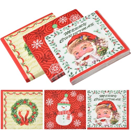 VITEVER 60 Stück Servietten Weihnachten, Weihnachtsservietten 3 Designs, Einweg-Cocktailservietten aus Papier, dekorative Weihnachtsservietten für Urlaub, Abendessen, Weihnachtsfeiern von VITEVER