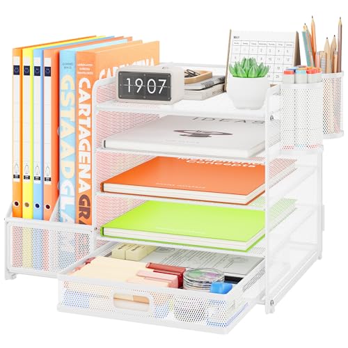 VITVITI Schreibtisch Organizer, 5 Ebenen Briefablage mit Schubladen, Aktenhalter mit 2 Stiftehalter, Büro Organizer mit Stehsammlere, Bürobedarf für A4 Dokumentenablag (Weiß) von VITVITI