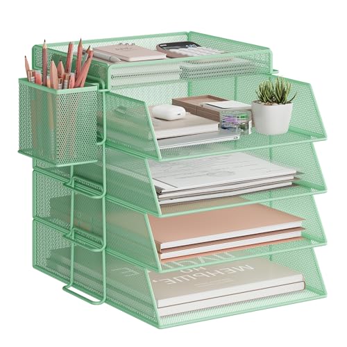 VITVITI Stapelbare Briefablage, Schreibtisch Organizer mit 4 Aktenhalter und 1 Stiftehalter, für A4 Dokument, Büro Organizer aus Metall, Schreibtischablage für Büroablage, Postkörbe (Grün) von VITVITI