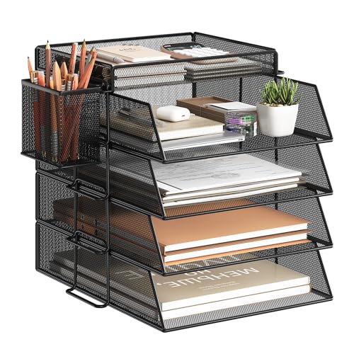 VITVITI Stapelbare Briefablage, Schreibtisch Organizer mit 4 Aktenhalter und 1 Stiftehalter, für A4 Dokument, Büro Organizer aus Metall, Schreibtischablage für Büroablage, Postkörbe (Schwarz) von VITVITI
