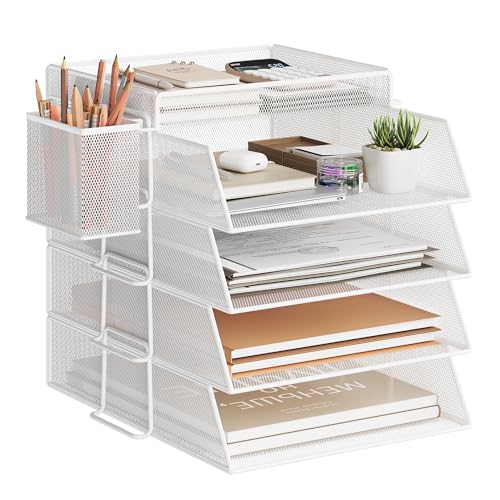 VITVITI Stapelbare Briefablage, Schreibtisch Organizer mit 4 Aktenhalter und 1 Stiftehalter, für A4 Dokument, Büro Organizer aus Metall, Schreibtischablage für Büroablage, Postkörbe (Weiß) von VITVITI