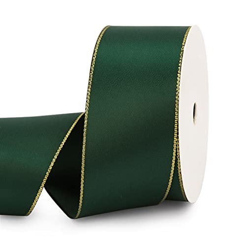VIVIQUEN Grünes doppelseitiges Satinband mit goldfarbenem Rand, 3.8 cm langes Polyesterband, 22 m, breites Band für Geschenkverpackungen, Hochzeiten, Blumenstrauß, Blumenarrangements und Handwerk von VIVIQUEN