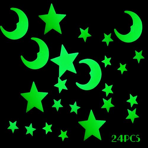 24 Pcs 3D-Aufkleber mit Mond und Sternen, die im Dunkeln leuchten, leuchtende fluoreszierende Aufkleber, DIY-Wand-/Deckenaufkleber, für Baby- und Kinderzimmer, Wohnzimmer-Dekoration 24 Pcs 3D-Aufkleber mit Mond und Sternen, die im Dunkeln leuchten, leuchtende fluoreszierende Aufkleber, DIY-Wand-/Deckenaufkleber, für Baby- und Kinderzimmer, Wohnzimmer-Dekoration von VJUYSW