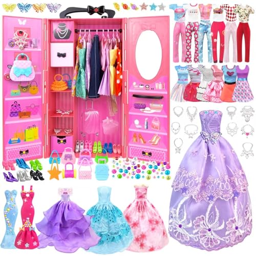 Kleidung für Puppen kleiderschrank Kleidung Schmuck Zubehör für 11,5 Zoll Puppe Dress Up Set Puppenschrank mit Hochzeitskleid Kleider Oberteile Hosen Schuhe Taschen Spielzeug Geschenk für Mädchen von VLUSSO