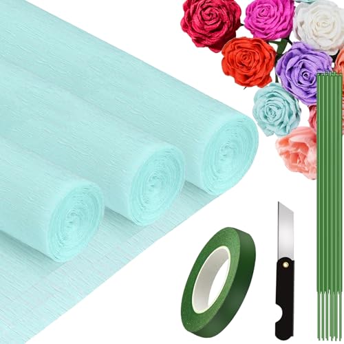 3 Rolls krepppapier 25x250cm, Krepppapier Rollen, Nicht Abfärbende Farben, Krepppapier Bunt für DIY Blumen Kunsthandwerk, Geburtstagsfeier, Hochzeit, Festival Ornament (Azurblau) von VNAKER
