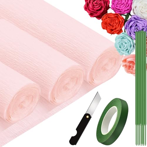 3 Rolls krepppapier 25x250cm, Krepppapier Rollen, Nicht Abfärbende Farben, Krepppapier Bunt für DIY Blumen Kunsthandwerk, Geburtstagsfeier, Hochzeit, Festival Ornament (Blassrosa) von VNAKER