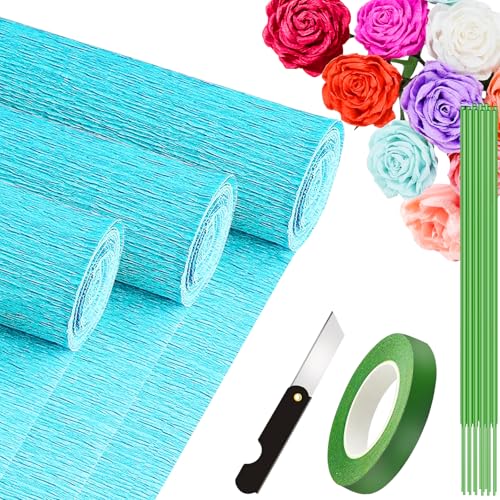 3 Rolls krepppapier 25x250cm, Krepppapier Rollen, Nicht Abfärbende Farben, Krepppapier Bunt für DIY Blumen Kunsthandwerk, Geburtstagsfeier, Hochzeit, Festival Ornament (Blau) von VNAKER