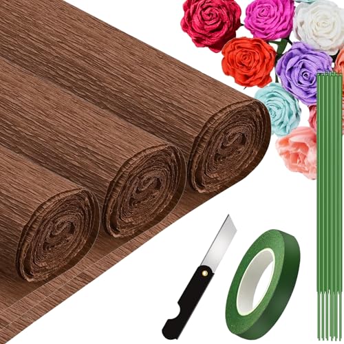 3 Rolls krepppapier 25x250cm, Krepppapier Rollen, Nicht Abfärbende Farben, Krepppapier Bunt für DIY Blumen Kunsthandwerk, Geburtstagsfeier, Hochzeit, Festival Ornament (Braun) von VNAKER